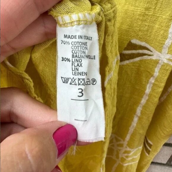 Three Stars Linen Blend Button Up Shirt Fish Print Yellow Lemongrass - Picture 9 of 9